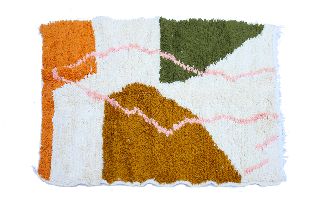 Small modern white Berber Azilal carpet coloured in orange terracotta pink green and brown