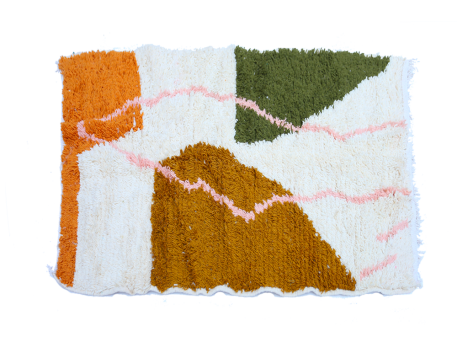Small modern white Berber Azilal carpet coloured in orange terracotta pink green and brown
