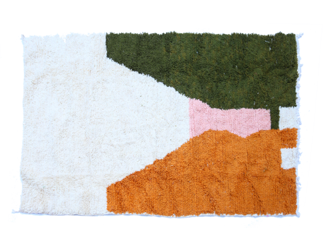 Large modern white Berber Azilal carpet coloured in terracotta orange, green and brown