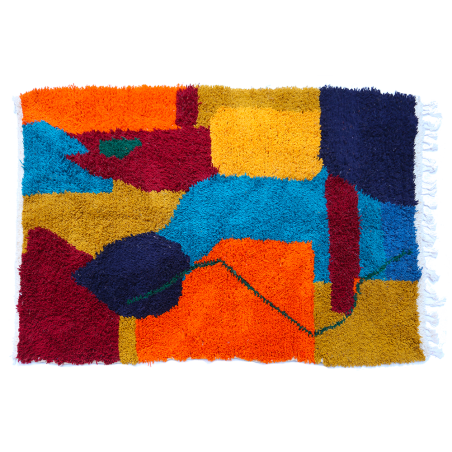 Large modern Berber Azilal carpet coloured in red blue orange terracotta yellow green and brown