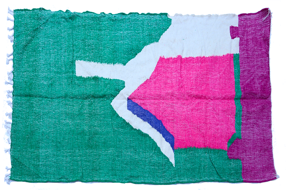 Grand tapis berbère Kilim en laine moderne vert rose bleu et blanc