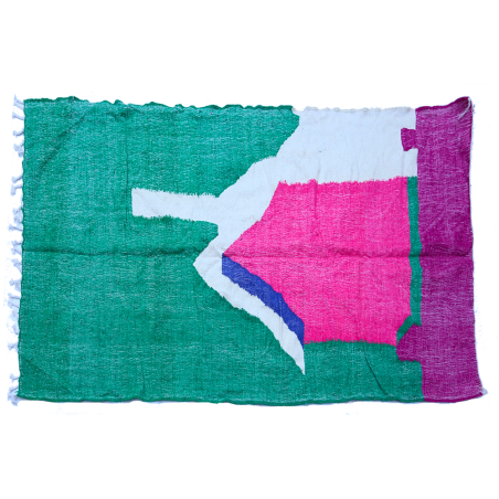 Grand tapis berbère Kilim en laine moderne vert rose bleu et blanc