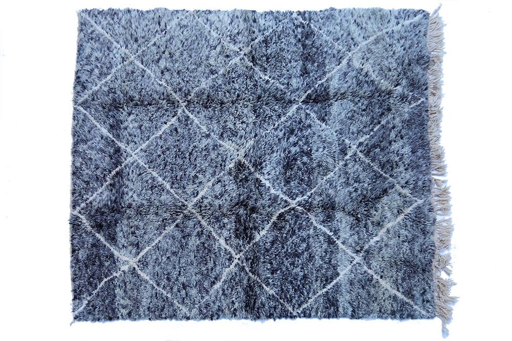 Grand tapis berbère Béni Ouarain carré noir et blanc avec des nuance grises et losanges
