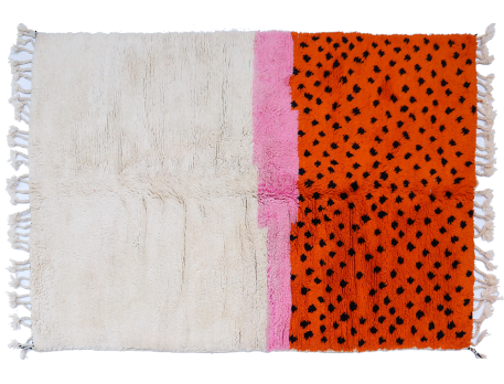 Modern orange Azilal Berber carpet with black polka dots and pink stripe