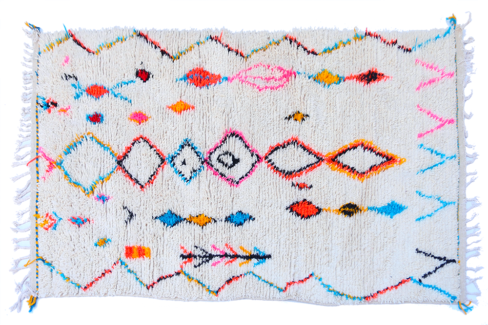 Large white Berber Azilal carpet with rhombuses and zigzags in blue, pink, green, orange and yellow