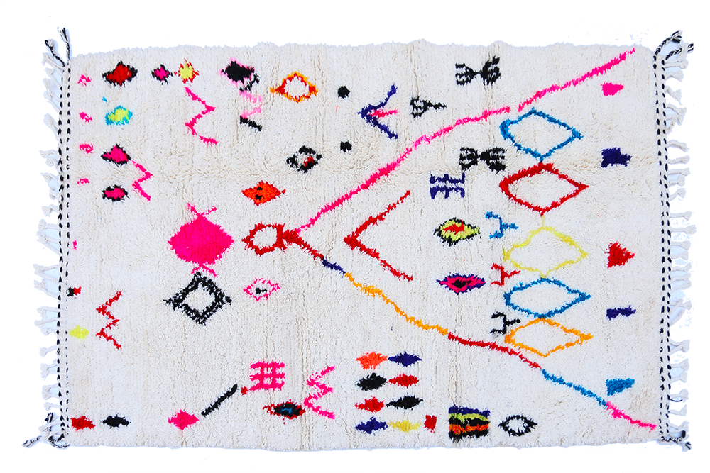 White Azilal Berber carpet with coloured patterns in pink blue green red yellow 