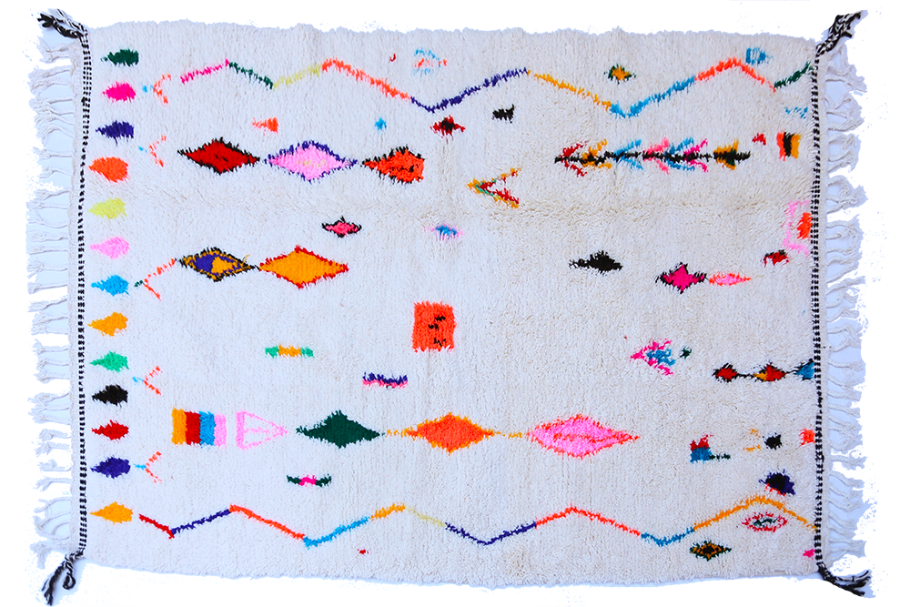 Large white Azilal Berber carpet with rhombus and zigzags in pink, blue, orange and yellow