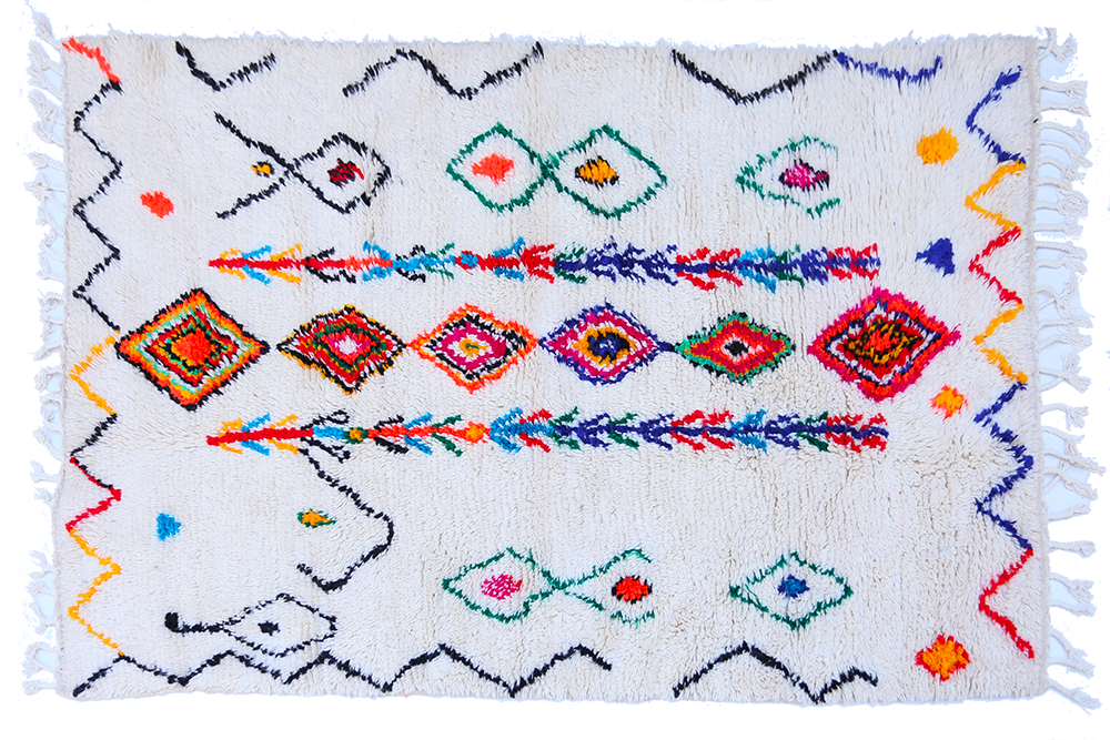 Grand tapis berbère Azilal Blanc avec motifs colorés en rose bleu vert orange jaune 