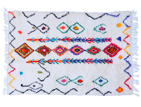 Large white Azilal Berber carpet with coloured motifs in pink blue green orange yellow 