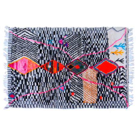 Grand tapis berbère Azilal avec pois gris et noir et motifs rose marron orange et bleu