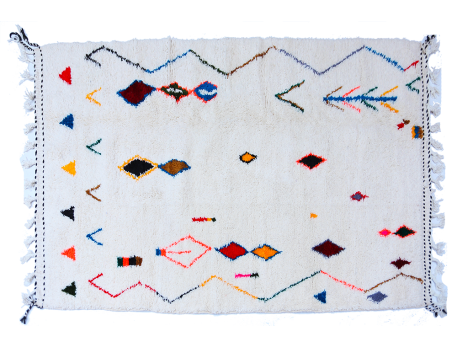 Large white Azilal Berber carpet with rhombus and zigzags in pink, blue, brown, orange and yellow