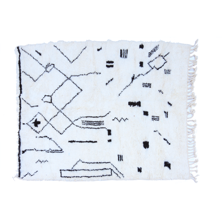 Grand tapis berbère Béni Ouarain blanc avec motifs en noir