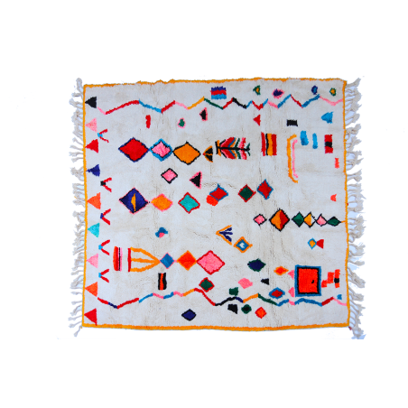 Large square white Azilal Berber carpet with pink blue orange rhombus and zigzags and yellow outline