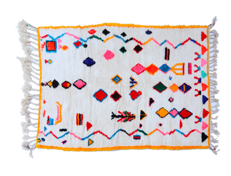 White Azilal Berber carpet with pink blue orange rhombus and zigzags and yellow outline