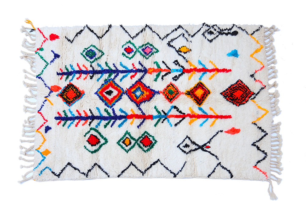 Small white Azilal Berber carpet with coloured motifs in pink blue green orange yellow 
