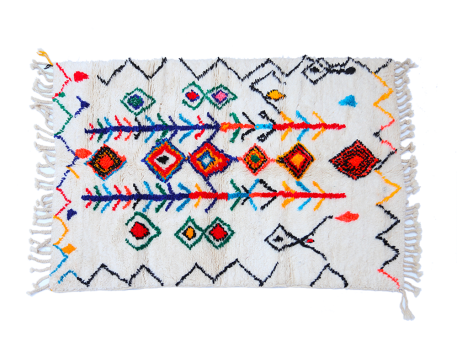 Petit tapis berbère Azilal Blanc avec motifs colorés en rose bleu vert orange jaune 
