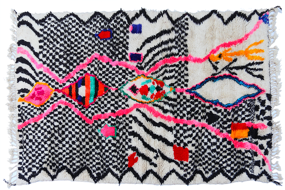 Large Azilal Berber carpet with black polka dots and pink, orange and blue motifs