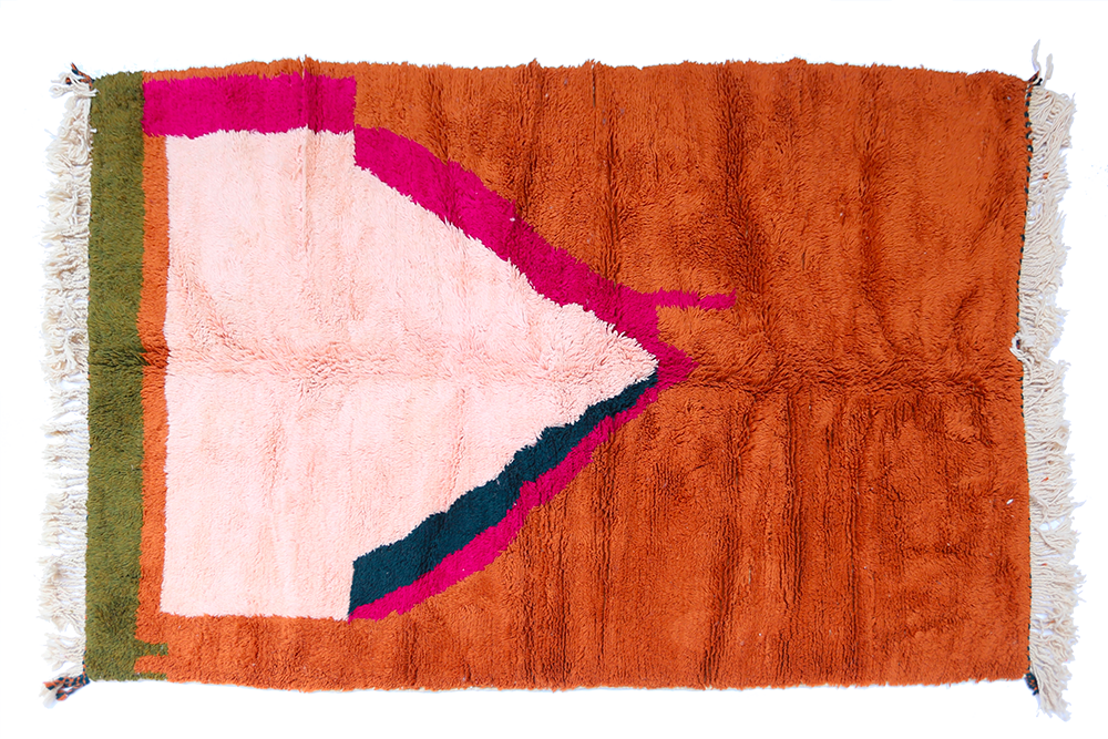 Großer Berberteppich Azilal modern braun rosa grün gelb und orange 