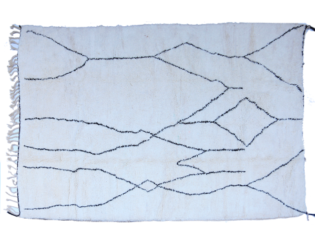 Very large white Beni Ouarain Berber carpet with primitive motifs in black