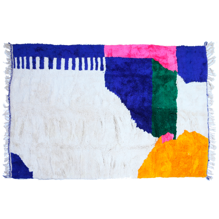 Sehr großer Berberteppich Azilal modern weiß blau grün rosa und gelb