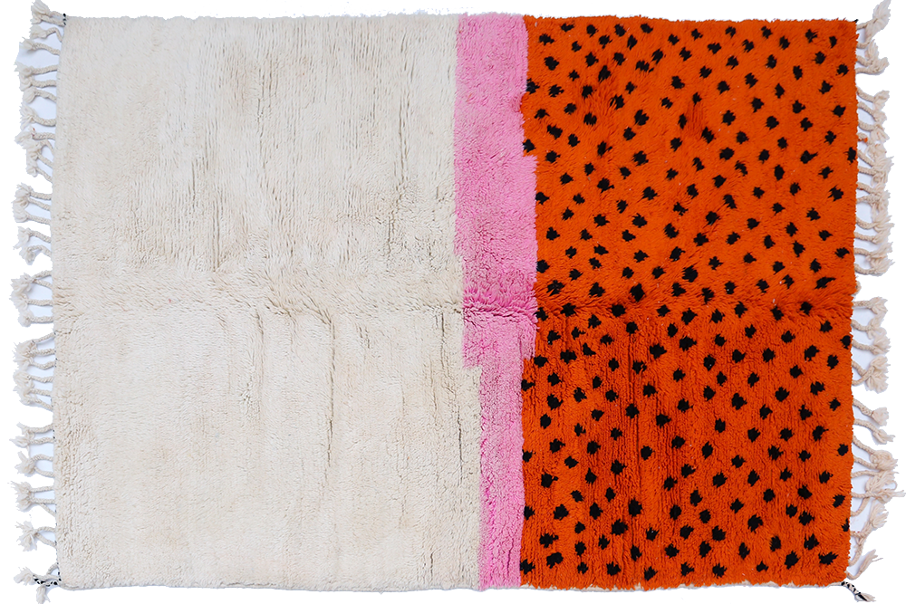 Modern orange Azilal Berber carpet with black polka dots and pink stripe
