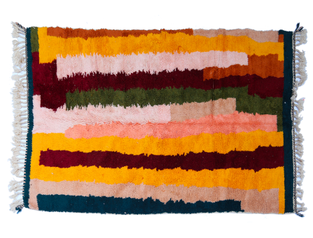 Very large modern Azilal Berber carpet with coloured lines in green, yellow, garnet and beige 