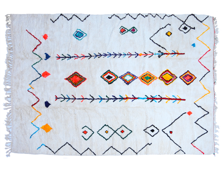 Très grand tapis berbère Azilal blanc avec motifs en bleu vert rouge rose jaune