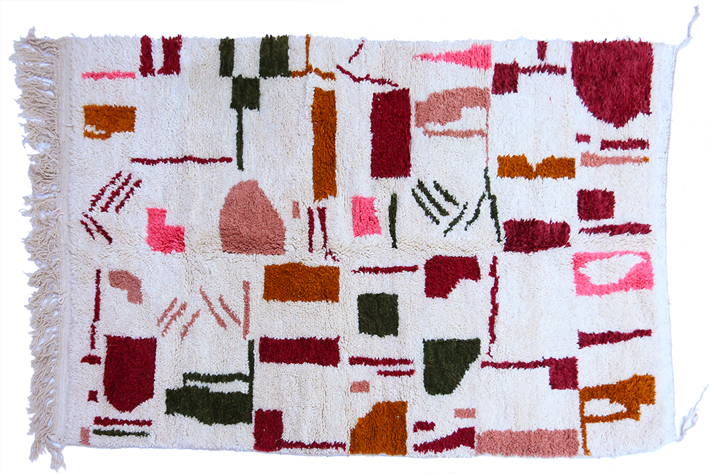 Boujad carpet with coloured patterns in garnet, green, brown and pink