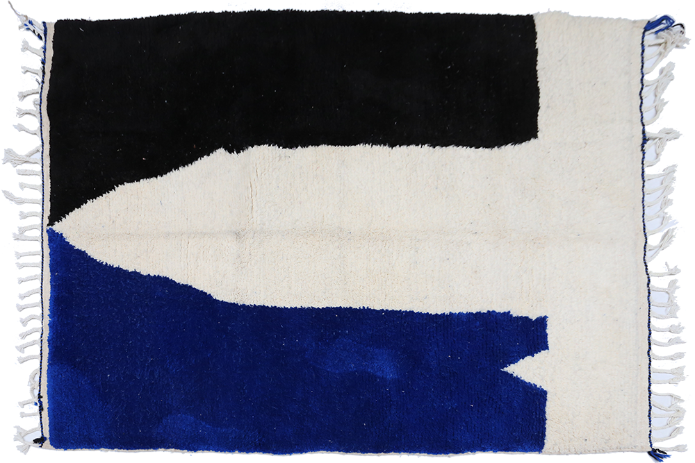 Grand tapis berbère Azilal moderne blanc noir et bleu