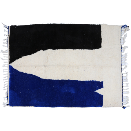 Grand tapis berbère Azilal moderne blanc noir et bleu