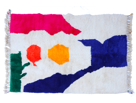 Moderner Berberteppich Azilal weiß mit Mustern in Fuchsia-Rosa, Grün Blau Gelb und Orange