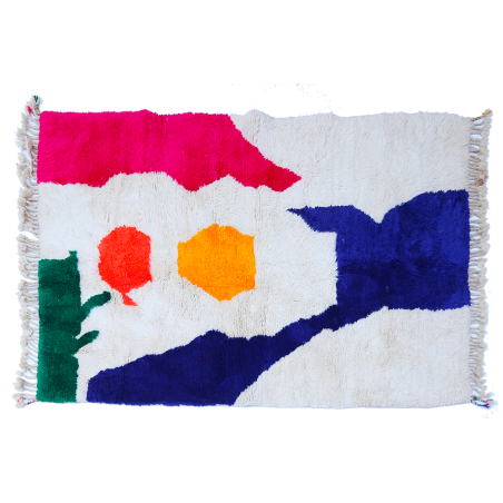 Moderner Berberteppich Azilal weiß mit Mustern in Fuchsia-Rosa, Grün Blau Gelb und Orange
