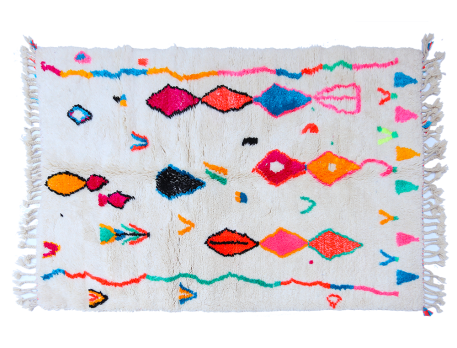 Azilal Berber carpet, white with green, orange, yellow, blue and pink motifs
