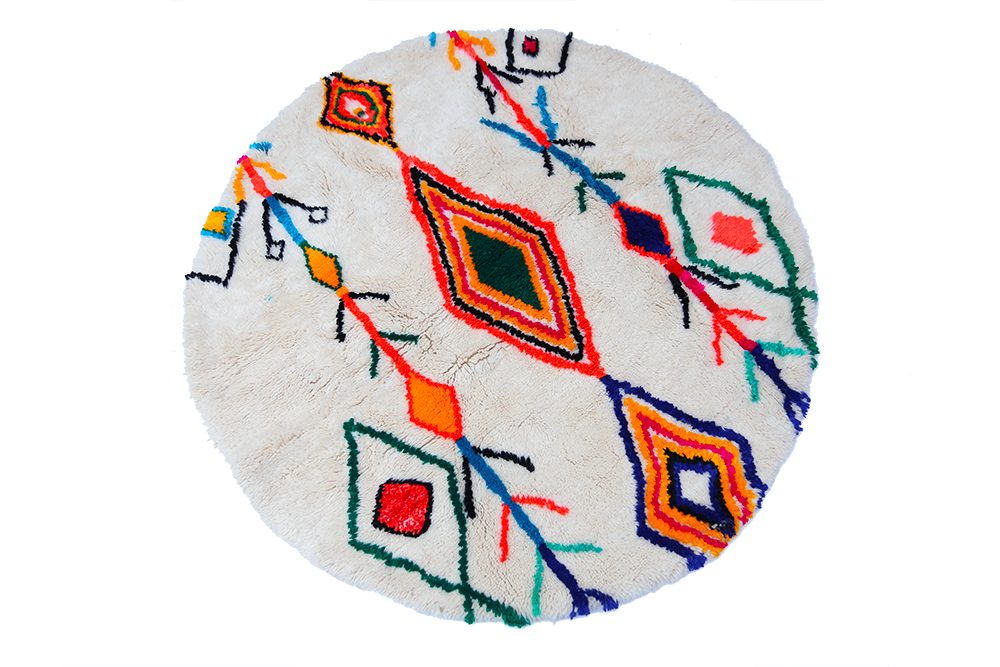 Small round Berber Azilal carpet, white with yellow green orange blue and pink diamond patterns