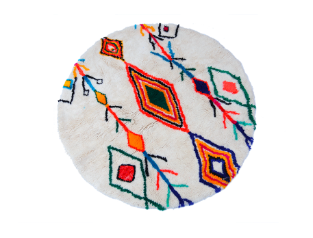 Kleiner runder Berberteppich Azilal, weiß mit Rautenmuster gelb grün orange blau und rosa