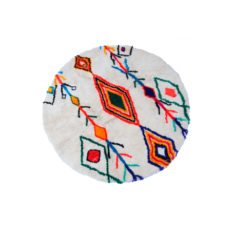 Kleiner runder Berberteppich Azilal, weiß mit Rautenmuster gelb grün orange blau und rosa