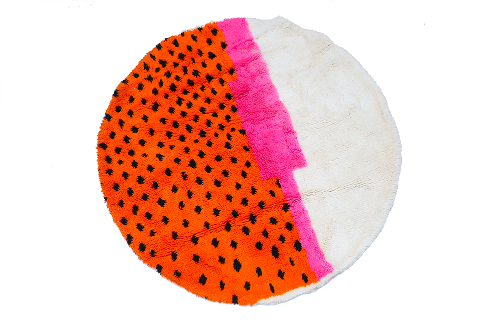 Small round modern Berber Azilal rug, white and orange with black polka dots