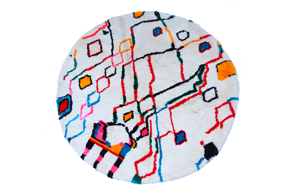 Berberteppich Azilal rund, weiß mit farbigen Linien in grün orange gelb blau rot und rosa