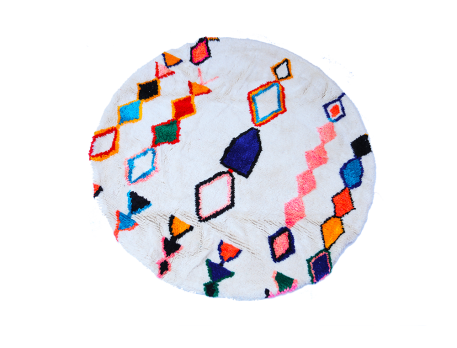 Small round Berber Azilal carpet, white with small green, orange, yellow, blue and pink diamonds