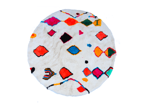Large round Berber Azilal carpet, white with green, orange, yellow, blue and pink motifs