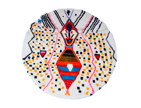 Tapis berbère Azilal rond, blanc avec pois jaune et noir et motifs vert orange bleu et rose