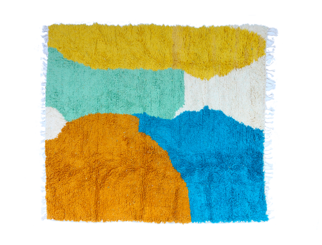 Grand tapis berbère Azilal carré moderne marron vert terracotta bleu jaune et blanc