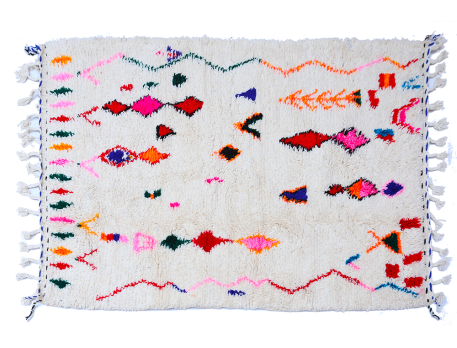 White Azilal Berber carpet with blue, pink, yellow and green lozenges and zigzags