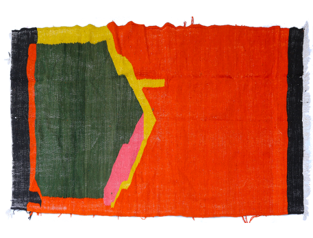 Très grand tapis berbère Kilim en laine moderne vert rose orange terracotta et noir