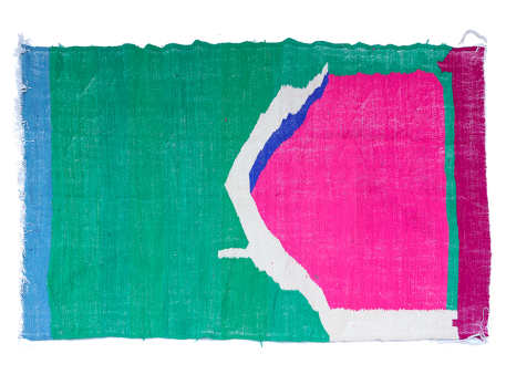 Très grand tapis berbère Kilim en laine moderne vert rose bleu et blanc
