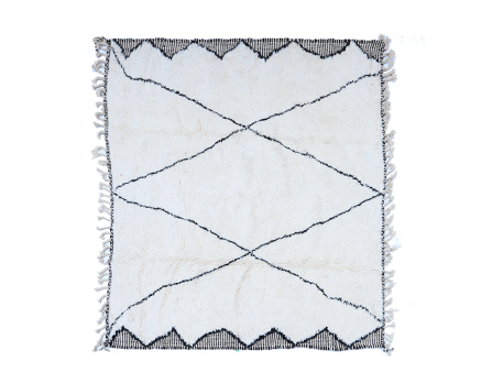 Large square Beni Ouarain Berber carpet, white with rhombus in black and engraved sides