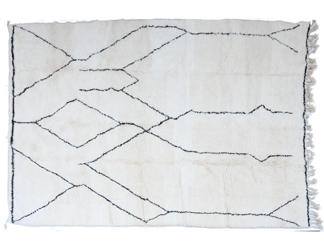 Very large white Beni Ouarain Berber carpet with primitive motifs in black