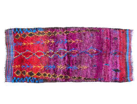 Très grand tapis Boucherouite ancien, rose vert noir bleu et orange et violet