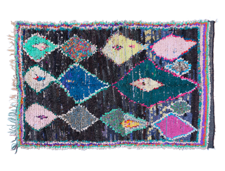 Antique Boucherouite rug, pink green black brown and beige with diamond pattern