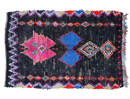 Grand tapis Boucherouite ancien, rose bleu noir marron et beige avec losanges